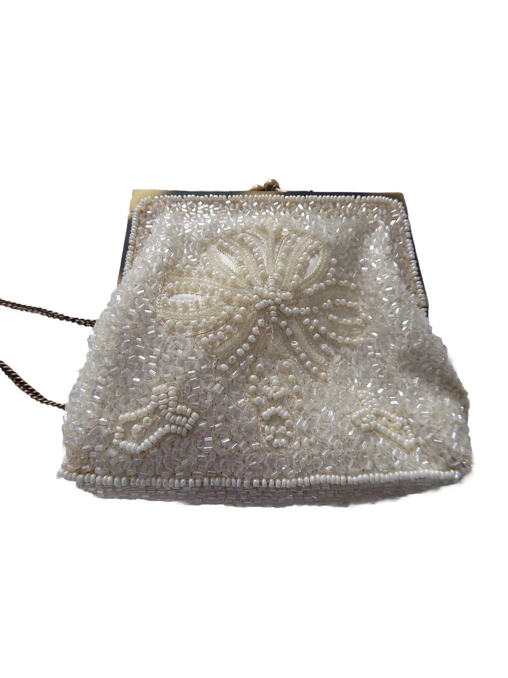 Beaded evening bag shoulder bag cream beads